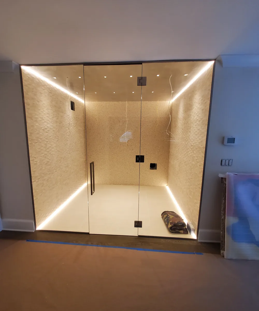 Recessed ceiling detail with warm perimeter lighting